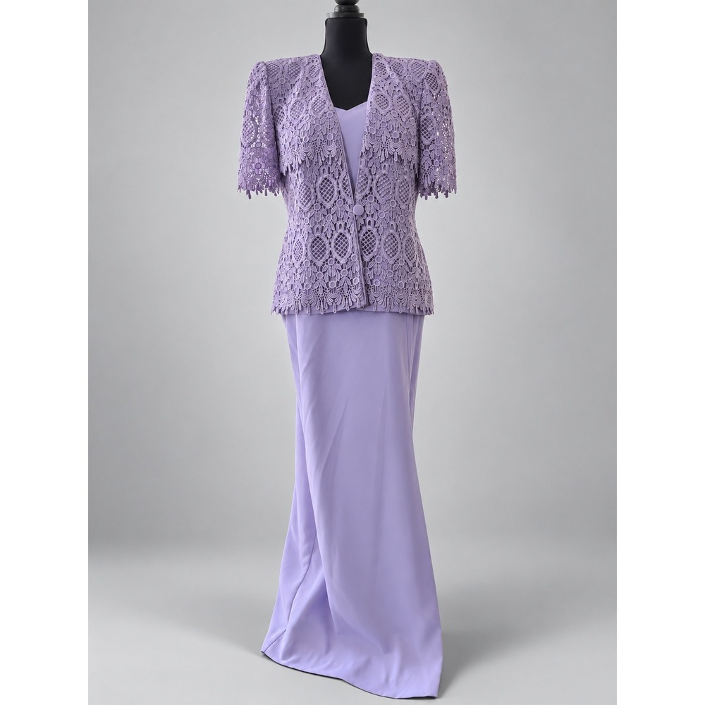 Karen Miller Dress Set Womens 13-14 Purple Excellent Lace Jacket Maxi Formal